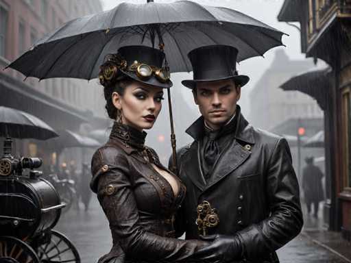 A man and woman dressed in period costumes stand under a black umbrella on a rainy street, with the man wearing a top hat and the woman wearing a corset and a parasol.
