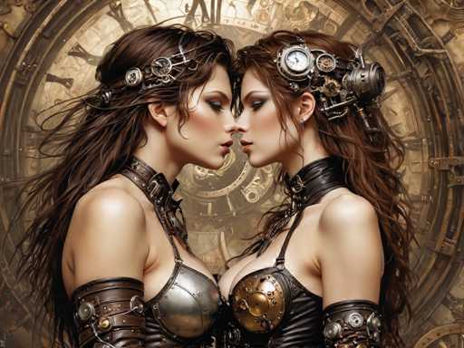 The image shows two women with long hair wearing steampunk-style clothing and headpieces. They are positioned side by side against a backdrop of a large clock face. The woman on the left is wearing a corset and a headpiece adorned with gears, while her companion on the right has a similar headpiece but also wears a corset that features gears as well.
The clock in the background is ornate and detailed, adding to the steampunk aesthetic of the scene.