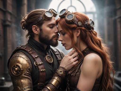 A couple dressed in medieval-style clothing stands close together, with the man wearing a helmet and goggles and the woman wearing a corset and a headband. The background is dark and blurred, suggesting an indoor setting such as a castle or a room with stone walls.