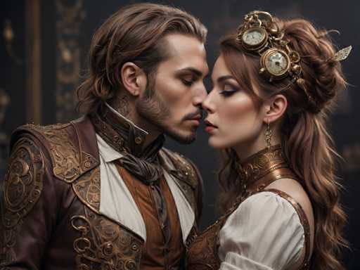 A man and woman dressed in period costumes stand close together against a dark background with gold accents. The man wears a brown leather jacket adorned with gold embroidery and a gold tie, while the woman is wearing a white dress with gold accents and a gold headband.