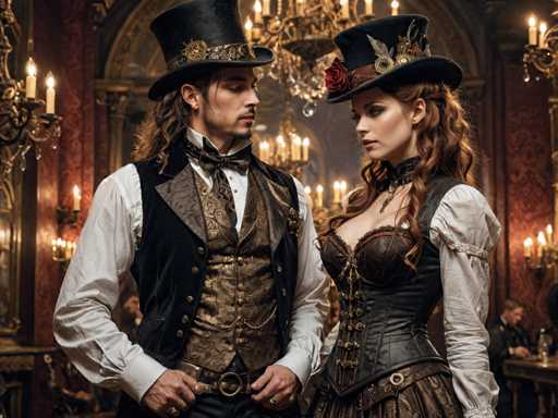 A man and woman dressed in period costumes stand in front of a chandelier with gold accents against a red wall backdrop.