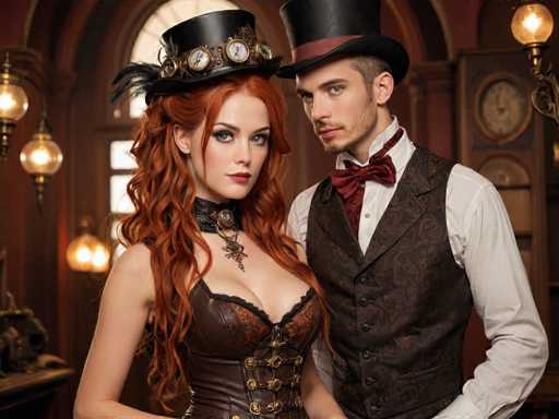 A man and woman dressed in period costumes stand together against a dark background with ornate decorations such as chandeliers and clocks. The woman wears a corset and top hat, while the man is wearing a brown vest and black top hat.