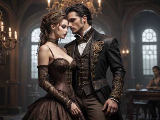 A couple dressed in period costumes stands in a dimly lit room with ornate chandeliers and large windows. The woman wears a long dress with a corset and a tiara on her head, while the man is wearing a suit with a cape and a tuxedo.