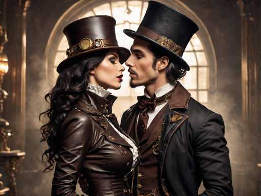 A man and woman dressed in period costumes stand close together against a dark background with an archway visible behind them.