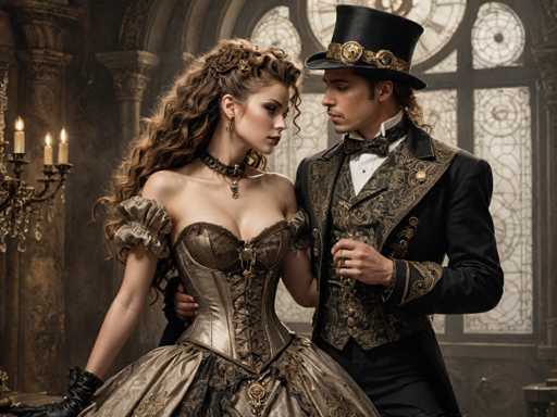 A man and woman dressed in period costumes stand together against a backdrop of ornate architecture with stained glass windows. The man wears a top hat and tails, while the woman is adorned in a corset and gown.