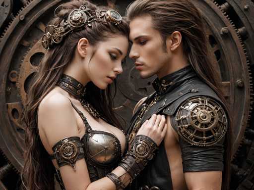 A man and woman dressed in medieval-style armor stand together against a black background with intricate gold designs. The man wears a leather vest and helmet, while the woman is adorned in a corset and headdress.