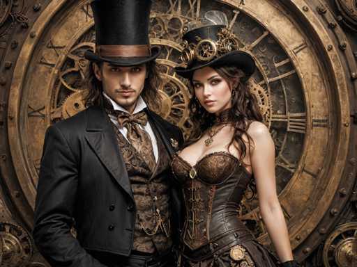 The image shows a man and woman dressed in period costumes standing next to each other against a backdrop of a large clock with gold gears and numbers. The man is wearing a top hat and coat, while the woman has a corset on. They are positioned in front of a gray wall adorned with gold gears and numbers.