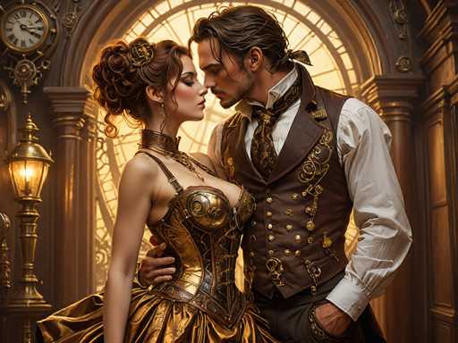 A man and woman dressed in period costumes stand in front of a clock with gold hands against a dark background. The man wears a brown vest and tie, while the woman is adorned in a corset and gown.