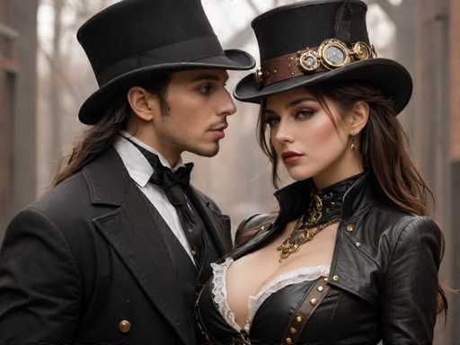 A man and woman dressed in period costumes stand together against a blurred brick wall backdrop. The man wears a top hat with a black band on the forehead and a white shirt underneath, while the woman is wearing a corset with a gold chain around her neck and a black top hat with a gold band.