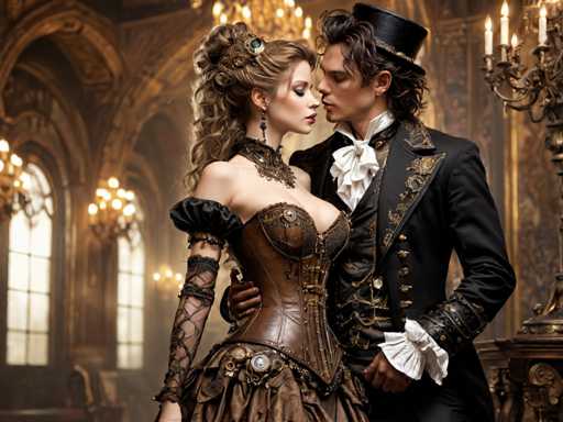 A couple dressed in medieval-style clothing stands in a grand room with ornate chandeliers and intricate decorations. The woman wears a corset and a long dress, while the man is attired in a suit and top hat. They are positioned in front of a large window that offers a view of another room within the castle walls.