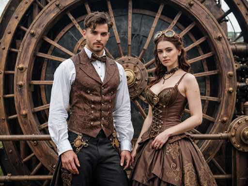 A man and woman dressed in period costumes stand in front of a large wooden machine with gold accents. The man wears a brown suit and tie, while the woman is wearing a long dress with a corset and headband.