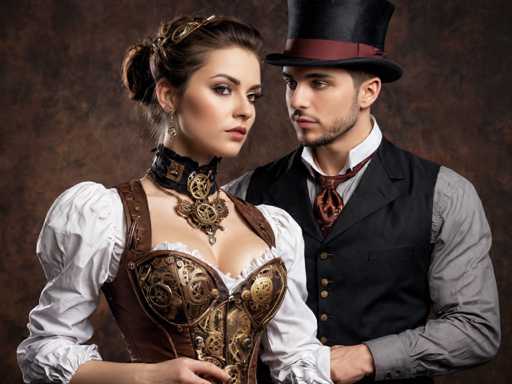 The image shows a man and woman standing next to each other against a brown background with a textured effect that gives it an antique or vintage feel. The woman is wearing a corset and top hat, while the man is dressed in a suit and tie. They are positioned slightly apart from one another, creating a sense of depth in the image.