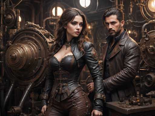 The image depicts two individuals standing next to each other in a room with industrial equipment and machinery. The person on the left is wearing a black leather outfit that includes a corset and boots, while the person on the right is dressed in a brown leather jacket and pants. They are positioned in front of a large machine with a circular base and pipes extending outwards from it.