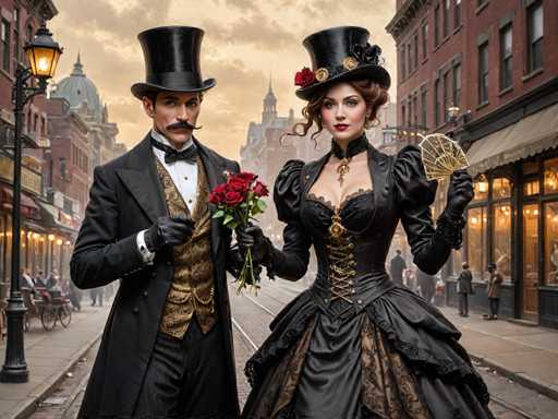 A man and woman dressed in period costumes stand on a street corner, holding flowers and fanning themselves with a hand-held fan. The man wears a top hat and tails, while the woman is wearing a corseted dress and a tall hat.