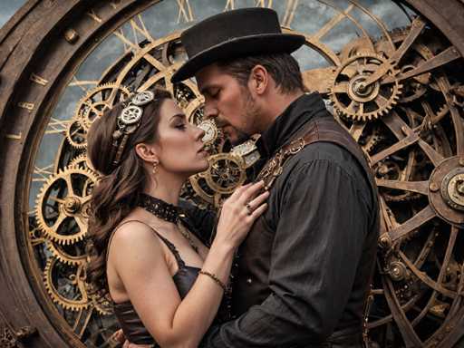 A man and woman standing close together with their arms wrapped around each other against a backdrop of a large clock made of metal gears.