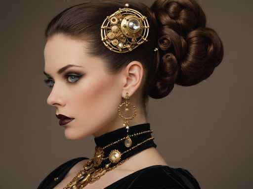 The image shows a woman with long brown hair wearing a gold headpiece and earrings. She is looking off to the side, giving a profile view of her face. The background appears to be a light brown color, providing a neutral backdrop that allows the focus to remain on the woman's features and accessories.