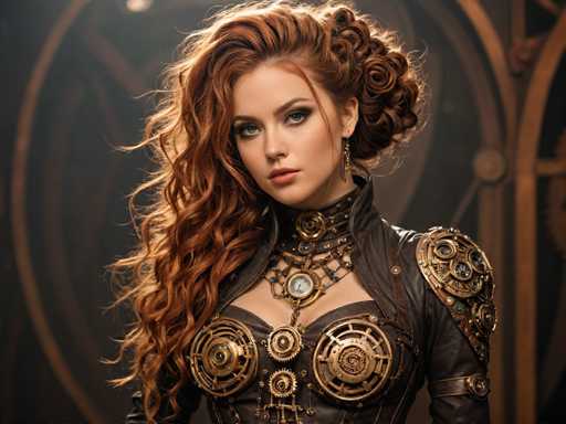 A woman with long red hair wearing a corset and gold jewelry stands against a dark background featuring circular patterns.