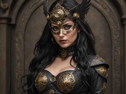 The image shows a woman wearing a medieval-style costume with a large headdress and a corset made of black leather. The woman is standing against a dark background that includes an archway and a stone wall.