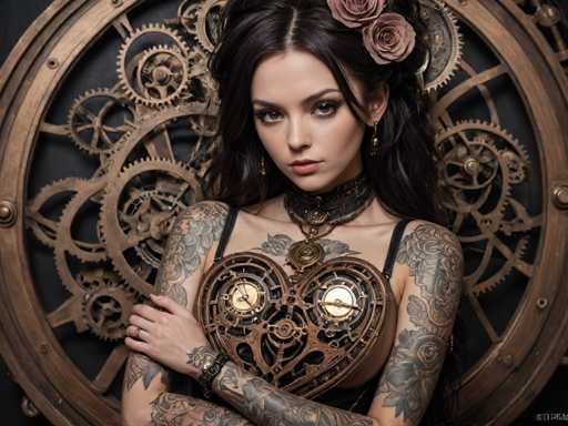 A woman with long dark hair and tattoos on her arms is standing against a black background featuring intricate gold gears and cogs. She is wearing a black dress that matches the gears around her neck. The woman's gaze is directed straight at the camera, creating an engaging visual connection between the viewer and the subject of the image.