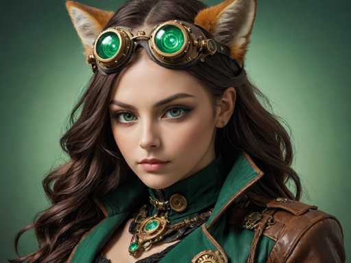 The image shows a woman with long brown hair wearing a green dress and a pair of goggles that have green lenses. She is also wearing a necklace made up of gold and silver pieces. The background is a dark green color, which contrasts with the woman's attire.