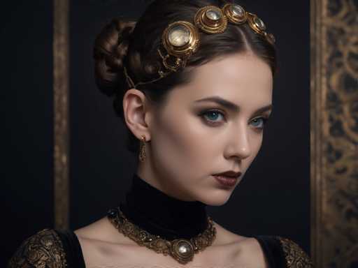 The image shows a woman with long brown hair wearing a gold headband and necklace. She is looking directly at the camera with an expression of concentration or thoughtfulness. The background features a black and gold patterned wall that complements her attire.