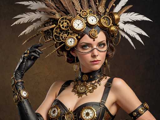 The image shows a woman wearing an elaborate costume that includes a headdress with gold and white feathers, a corset made of black leather straps, and a necklace adorned with numerous clocks and gears. The background is dark brown, providing a stark contrast to the woman's attire.