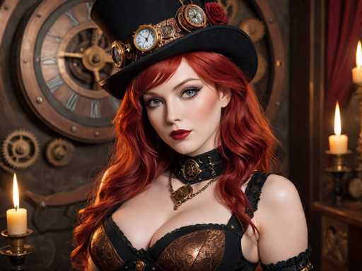 A woman with red hair and a black top hat is standing against a dark background that includes a clock and two candles on either side of her.