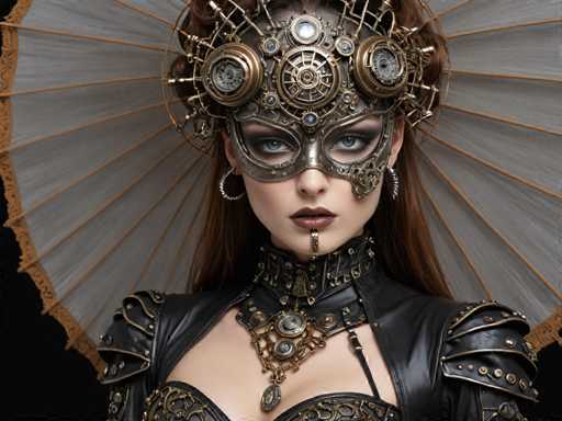 A woman is wearing an ornate costume with a large headdress and mask that features gears and cogs. She has long red hair and is standing against a black background. The image does not contain any text or other discernible objects.
