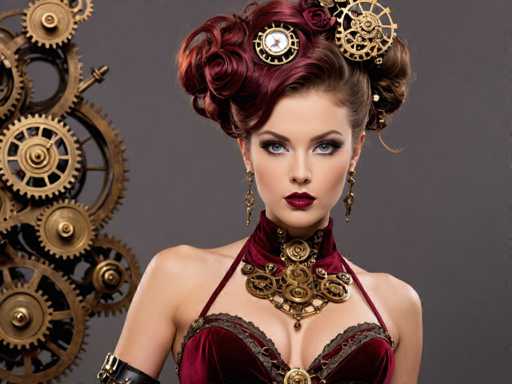 A woman with red hair styled in curls and wearing a corset is the main subject of this image. She has a gold necklace around her neck that features a large clock face design at its center. The background includes a gray wall adorned with an intricate gold clock mechanism.
