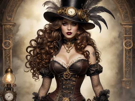 The image depicts a woman dressed in a corset and hat with a feather boa, standing against a backdrop of a clock tower. The woman is wearing a red lipstick and has long brown hair styled in loose curls. She is positioned centrally within the frame, drawing attention to her striking appearance.