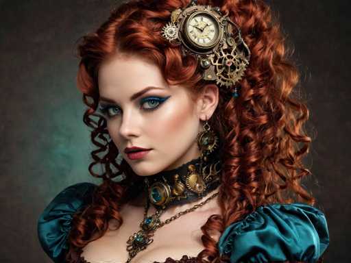 The image shows a woman with red hair wearing a corset and a headpiece adorned with gears and a clock. She is looking directly at the camera while wearing a blue dress that complements her fiery hair color. The background of the image is dark green, providing a stark contrast to the woman's vibrant appearance.