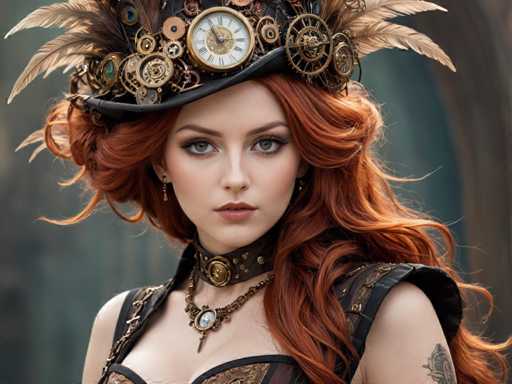 A woman with red hair wearing a steampunk-inspired outfit that includes a large hat adorned with gears and a necklace featuring a clock face.