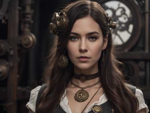 A woman with long brown hair wearing a white shirt and a steampunk-inspired outfit that includes a large gold necklace and earrings.