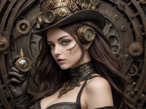 A woman with long brown hair wearing a steampunk-style hat and top hat is the main subject of this image. She has her left hand on an ornate clock that appears to be made of metal and features intricate designs. The background consists of a large circular metal structure adorned with gears, giving it a steampunk aesthetic.