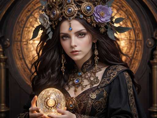 A woman with long brown hair wearing a gold and purple headdress is the main subject of this image. She holds a crystal ball in her hands, which is encircled by a ring of flowers. The background features a circular window adorned with intricate designs, adding an air of mystery to the scene.