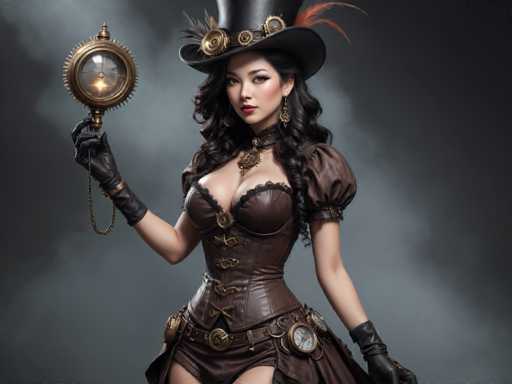 A woman dressed in a steampunk-inspired outfit stands against a dark background with her hands raised high and a large gold clock in front of her.