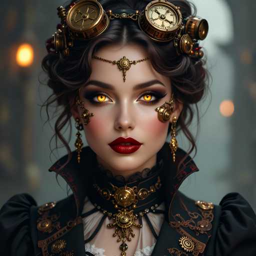 The image shows a woman with long brown hair wearing a black dress and gold jewelry, including a headpiece with two large golden gears on either side of her face. The background is dark and blurred, suggesting an indoor setting or a dimly lit room.