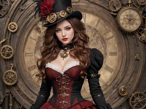 A woman is standing against a backdrop featuring an intricate clock with gold gears and numbers. She is dressed in a red and black corset, a black top hat, and a long red skirt. The woman's hair is styled in loose curls, and she has striking blue eyes that are accentuated by her red lipstick.