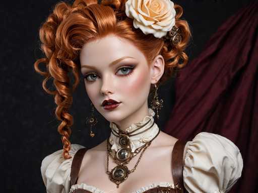 The image shows a woman with red hair styled in loose curls and wearing an ornate dress that includes a corset and a necklace featuring a large pendant. The background is dark, which contrasts with the woman's vibrant appearance.