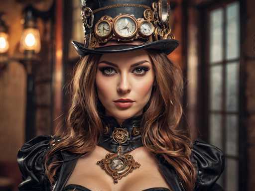 The image shows a woman wearing a black top hat with gold gears and a large pendant necklace featuring a clock design. The woman is positioned against the backdrop of a room with a window that allows natural light to enter.