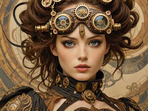 The image shows a woman with long brown hair wearing a steampunk-inspired outfit that includes a large headdress adorned with gold gears and a necklace featuring intricate designs. The background is a circular pattern in shades of brown and gold, which complements the overall aesthetic of the scene.