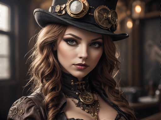 A woman with long brown hair wearing a black top hat and corset is the main subject of this image. She has her eyes closed and is looking directly at the camera. The background features a wooden wall with a window on it, suggesting an indoor setting or perhaps a room in a building.