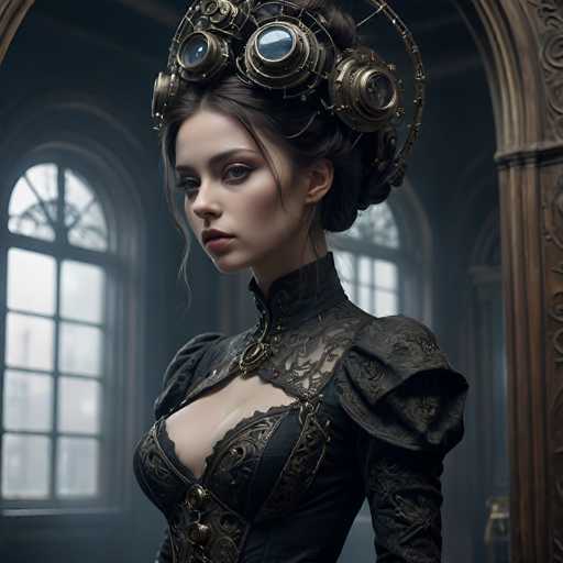 The image shows a woman with long brown hair wearing a black dress and a large headdress made of metal gears and cogs. The woman is positioned against the backdrop of an ornate room with a large window that allows natural light to enter the space.