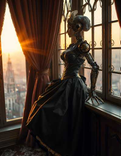 A woman dressed as a robot stands on a windowsill, gazing out at the cityscape beyond. The window is framed by red curtains and features a gold-colored wrought iron railing that adds an antique touch to the scene.