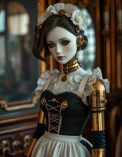 A doll with long brown hair and a white flower in her hair is standing against a backdrop of a gold-framed mirror and a red curtain. The doll is wearing a black dress with gold accents and a gold necklace.