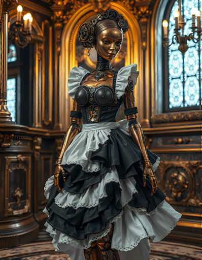 A bronze statue of a woman dressed in a white and black dress with a ruffled skirt and corset, standing on her tiptoes against the backdrop of an ornate room with gold accents and a large window.