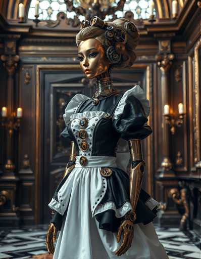 A 3D rendering of a woman dressed as a maid or housekeeper from the steampunk genre. She is wearing a white dress with black ruffles and gold buttons on her sleeves and a black headdress adorned with gold gears and cogs. The setting appears to be an indoor room, possibly a living area or dining room, with a chandelier hanging from the ceiling and a window in the background.