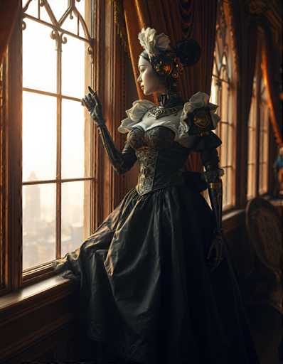 A woman dressed in an elaborate costume with a long black dress and white ruffled collar stands by a window, gazing out at the cityscape beyond.