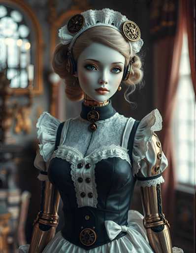 A doll with blonde hair and blue eyes is standing against a beige wall adorned with gold decorations. The doll is dressed in a white dress with black lace sleeves and a black corset, paired with a gold headpiece featuring a large pendant.