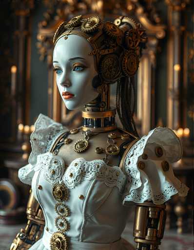 A meticulously crafted doll with a white dress and gold accents stands against a dark green backdrop adorned with gold accents. The doll's hair is styled into an elaborate updo, and she wears a corset that adds to her regal appearance. The doll is positioned in front of a mirror, suggesting a scene from the past or a historical period.